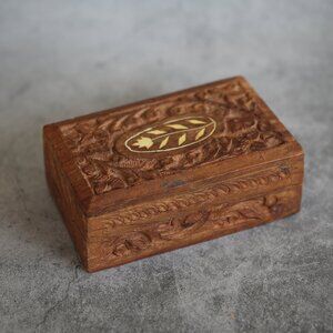 Vintage Indian Carved Wood Box with Inlay